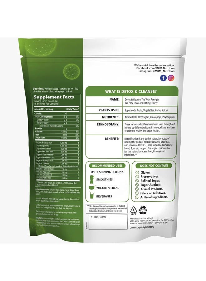 MRM Nutrition Organic Detox and Cleanse Powder | Peach Mango Flavored | Gentle Daily Detox | Superfoods | Antioxidants + Chlorophyll + Phycocyanin + Electrolytes | 15 Servings - Image 2